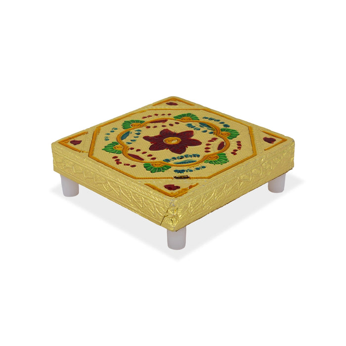 Chowki With Base - 1.5 x 5 Inches | Flower Design Manai Palagai/ Gold Polish Pooja Peetam/ Patla For Pooja