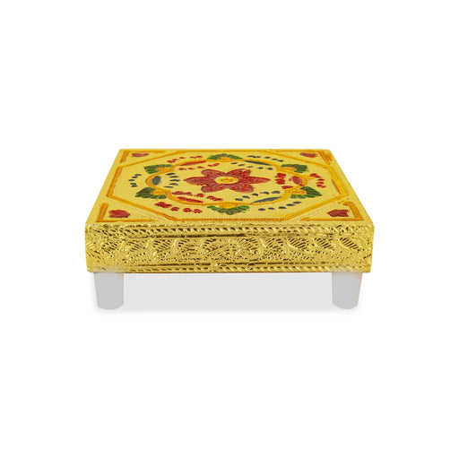 Pooja Chowki With Base - 1.5 X 4 X 4 Inches | Manai Palagai/ Gold Polish Bajot/ Flower Design Patla For Deity - Pooja Aasan & Bajot & Pooja Mat