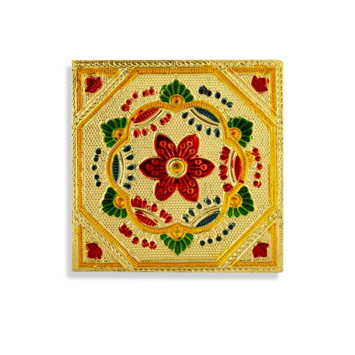 Pooja Chowki With Base - 1.5 X 4 X 4 Inches | Manai Palagai/ Gold Polish Bajot/ Flower Design Patla For Deity - Pooja Aasan & Bajot & Pooja Mat