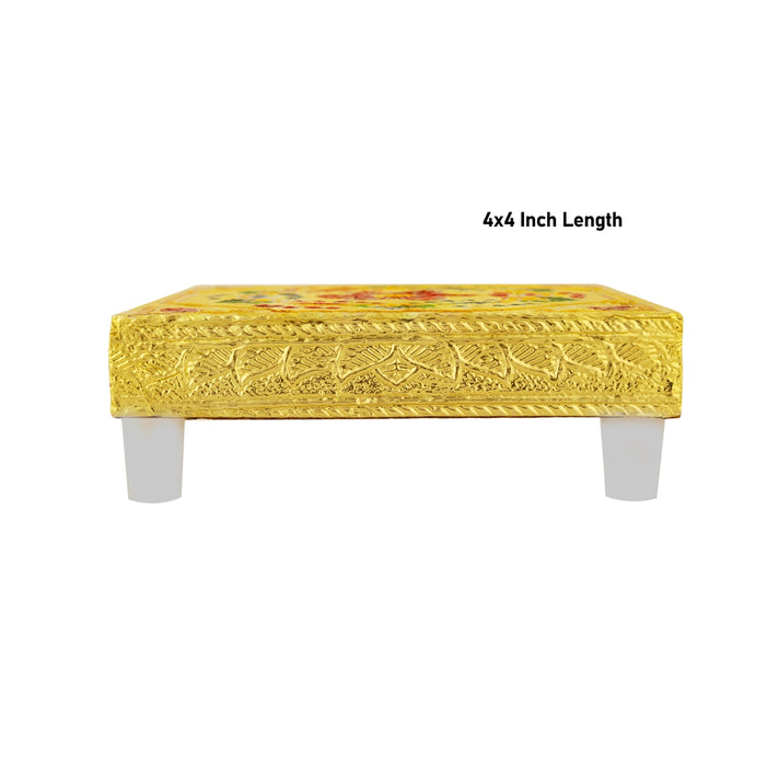 Pooja Chowki With Base - 1.5 X 4 X 4 Inches | Manai Palagai/ Gold Polish Bajot/ Flower Design Patla For Deity - Pooja Aasan & Bajot & Pooja Mat