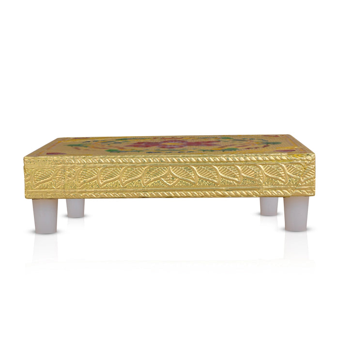 Pooja Chowki With Base - 1.5 X 5 X 5 Inches | Manai Palagai/ Gold Polish Bajot/ Flower Design Patla For Deity - Pooja Aasan & Bajot & Pooja Mat