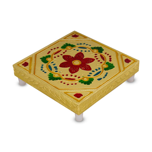Pooja Chowki With Base - 1.5 X 5 X 5 Inches | Manai Palagai/ Gold Polish Bajot/ Flower Design Patla For Deity - Pooja Aasan & Bajot & Pooja Mat
