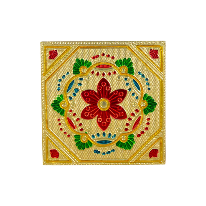 Pooja Chowki With Base - 1.5 X 5 X 5 Inches | Manai Palagai/ Gold Polish Bajot/ Flower Design Patla For Deity - Pooja Aasan & Bajot & Pooja Mat