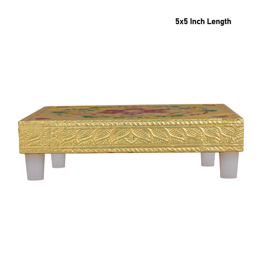 Pooja Chowki With Base - 1.5 X 5 X 5 Inches | Manai Palagai/ Gold Polish Bajot/ Flower Design Patla For Deity - Pooja Aasan & Bajot & Pooja Mat