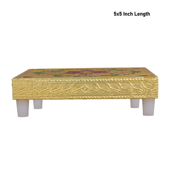 Pooja Chowki With Base - 1.5 X 5 X 5 Inches | Manai Palagai/ Gold Polish Bajot/ Flower Design Patla For Deity - Pooja Aasan & Bajot & Pooja Mat