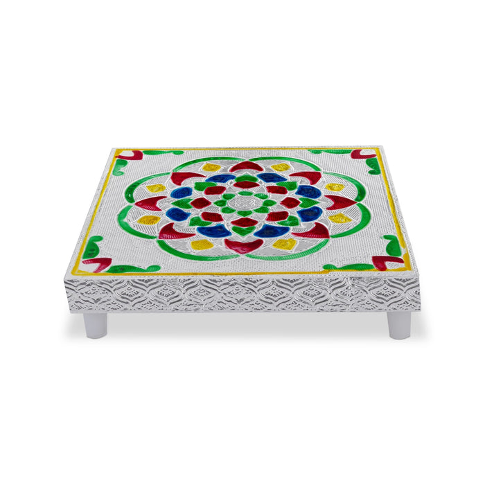Bajot With Base - 1.25 x 6 Inches | Silver Polish Manai Palagai/ Flower Design Patla/ Chowki For Deity Decor