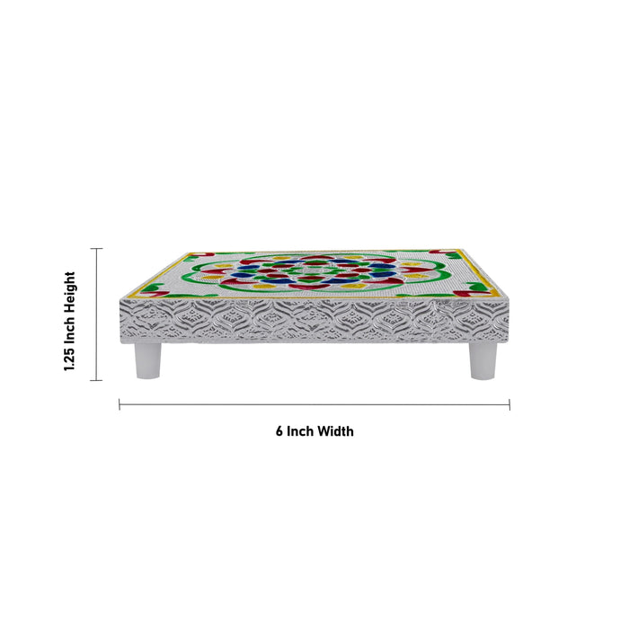 Bajot With Base - 1.25 x 6 Inches | Silver Polish Manai Palagai/ Flower Design Patla/ Chowki For Deity Decor