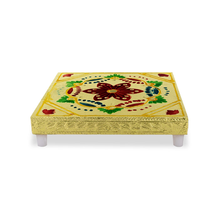 Patla With Base - 1.25 x 6 Inches | Gold Polish Chowki/ Flower Design Bajot/ Manai Palagai For Pooja Decor