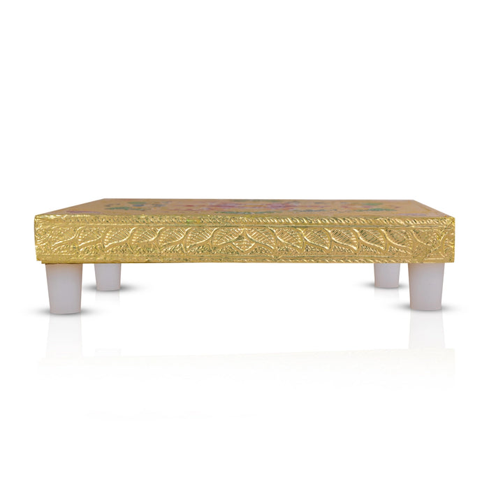 Pooja Chowki With Base - 1.25 X 6 X 6 Inches | Manai Palagai/ Gold Polish Bajot/ Flower Design Patla For Deity - Pooja Aasan & Bajot & Pooja Mat