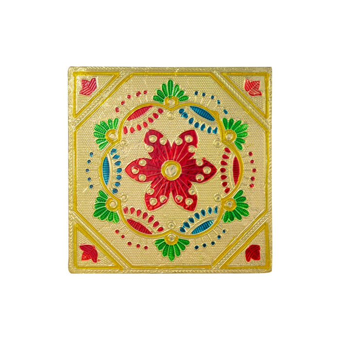 Pooja Chowki With Base - 1.25 X 6 X 6 Inches | Manai Palagai/ Gold Polish Bajot/ Flower Design Patla For Deity - Pooja Aasan & Bajot & Pooja Mat