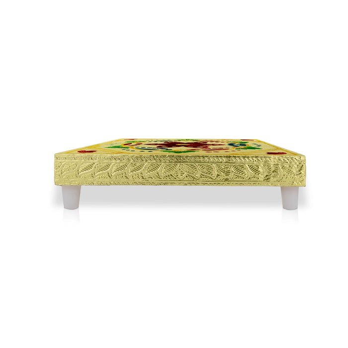 Manai Palagai With Base - 1.25 x 8 Inches | Gold Polish Bajot/ Flower Design Pooja Peetam/ Chowki For Deity Decor