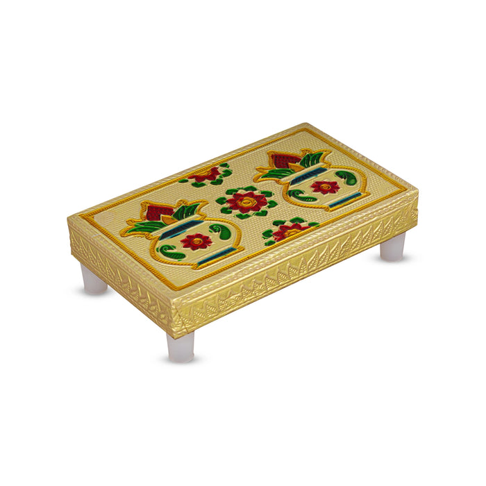 Chowki With Base- 1.25 X 3 X 5 Inches | Gold Polish Bajot/Kalash & Flower Design Patla/Manai Palagai For Pooja - Pooja Aasan & Bajot & Pooja Mat