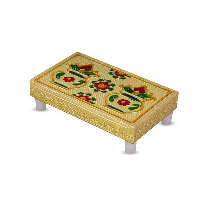 Chowki With Base- 1.25 X 3 X 5 Inches | Gold Polish Bajot/Kalash & Flower Design Patla/Manai Palagai For Pooja - Pooja Aasan & Bajot & Pooja Mat