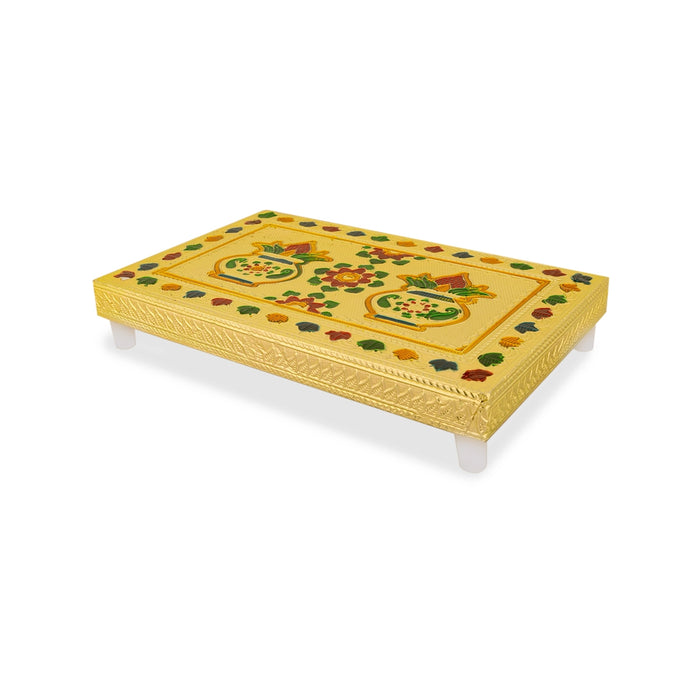 Chowki With Base- 1.5 X 8 X 5 Inches | Gold Polish Bajot/Kalash & Flower Design Patla/ Manai Palagai For Pooja - Pooja Aasan & Bajot & Pooja Mat