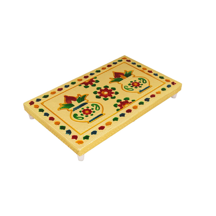 Chowki With Base- 1.25 X 6 X 10 Inches | Gold Polish Bajot/Kalash & Flower Design Patla/Manai Palagai For Pooja - Pooja Aasan & Bajot & Pooja Mat