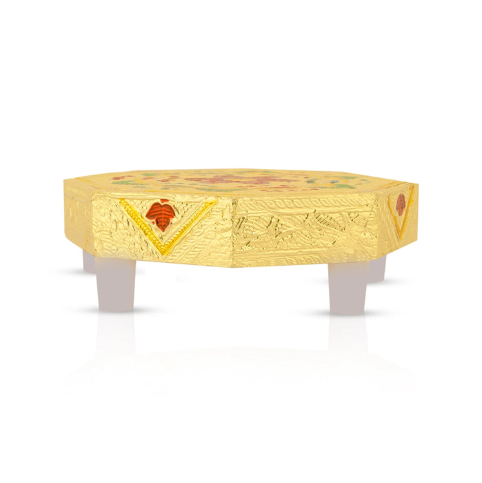 Pooja Chowki With Base - 1.5 X 4 X 4 Inches | Manai Palagai/ Gold Polish Bajot/ Flower Design Patla For Deity - Pooja Aasan & Bajot & Pooja Mat