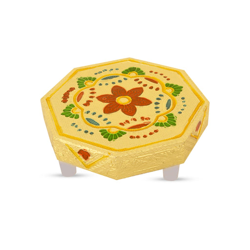 Pooja Chowki With Base - 1.5 X 4 X 4 Inches | Manai Palagai/ Gold Polish Bajot/ Flower Design Patla For Deity - Pooja Aasan & Bajot & Pooja Mat