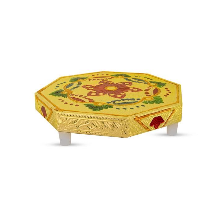Pooja Chowki With Base - 1.5 X 6 X 6 Inches | Manai Palagai/ Gold Polish Bajot/ Flower Design Patla For Deity - Pooja Aasan & Bajot & Pooja Mat