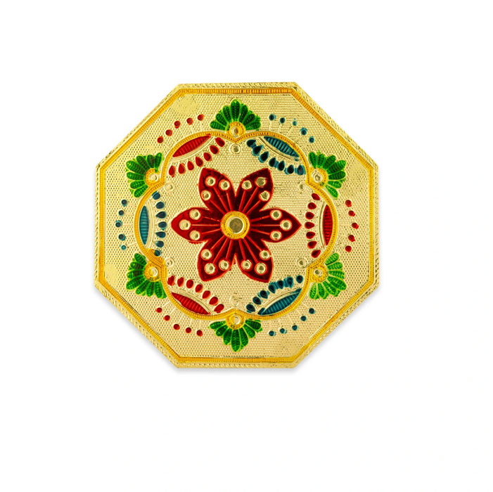 Pooja Chowki With Base - 1.5 X 6 X 6 Inches | Manai Palagai/ Gold Polish Bajot/ Flower Design Patla For Deity - Pooja Aasan & Bajot & Pooja Mat