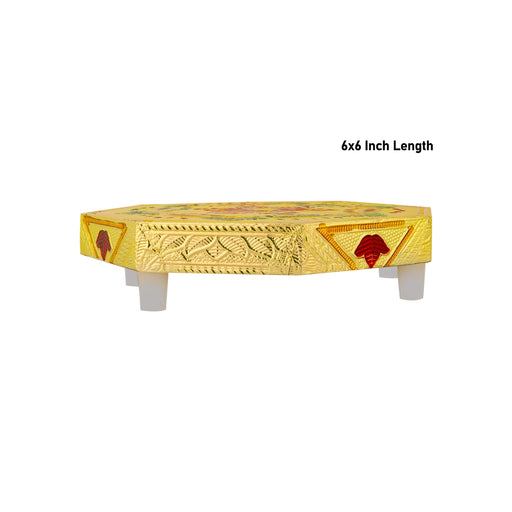 Pooja Chowki With Base - 1.5 X 6 X 6 Inches | Manai Palagai/ Gold Polish Bajot/ Flower Design Patla For Deity - Pooja Aasan & Bajot & Pooja Mat