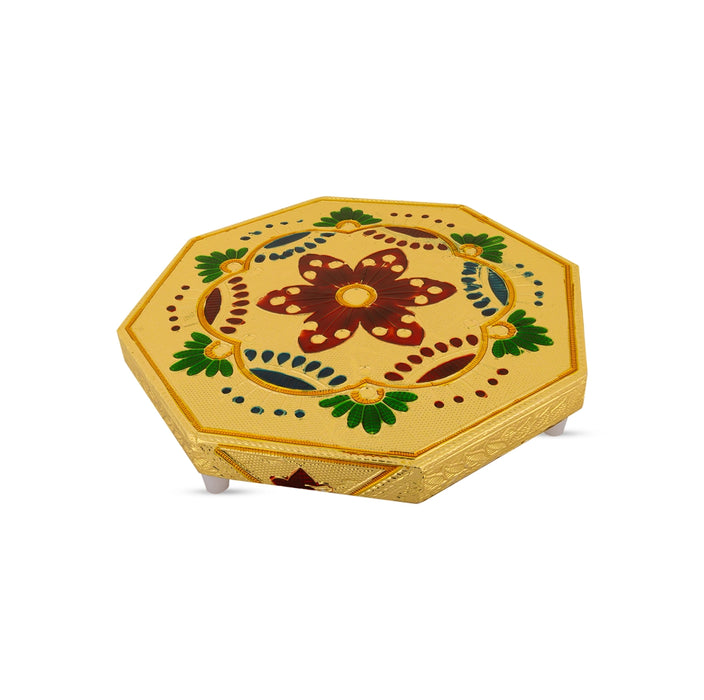 Pooja Chowki With Base - 1.25 X 8 X 8 Inches | Manai Palagai/ Gold Polish Bajot/ Flower Design Patla For Deity - Pooja Aasan & Bajot & Pooja Mat
