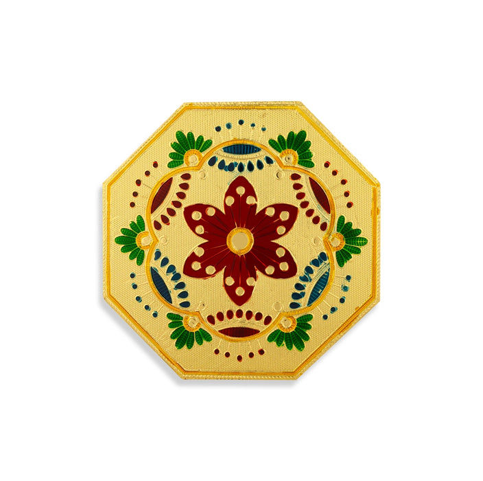 Pooja Chowki With Base - 1.25 X 8 X 8 Inches | Manai Palagai/ Gold Polish Bajot/ Flower Design Patla For Deity - Pooja Aasan & Bajot & Pooja Mat