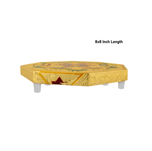 Pooja Chowki With Base - 1.25 X 8 X 8 Inches | Manai Palagai/ Gold Polish Bajot/ Flower Design Patla For Deity - Pooja Aasan & Bajot & Pooja Mat