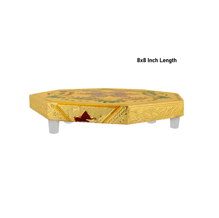 Pooja Chowki With Base - 1.25 X 8 X 8 Inches | Manai Palagai/ Gold Polish Bajot/ Flower Design Patla For Deity - Pooja Aasan & Bajot & Pooja Mat