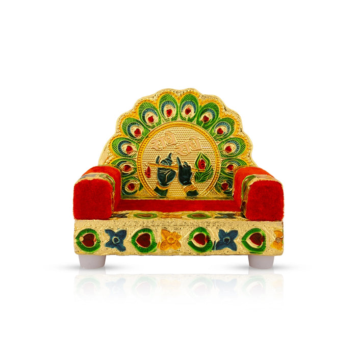 Velvet Sinhasan - 4 X 4 X 3.5 Inches | Meenakari Design Simhasanam/ Wooden Singhasan For Deity And Pooja Room - Pooja Aasan & Bajot & Pooja Mat