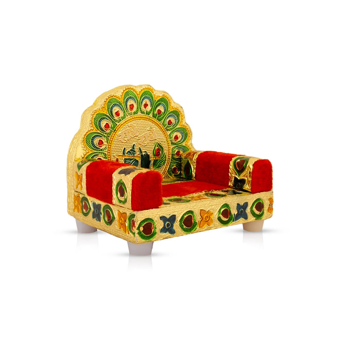 Velvet Sinhasan - 4 X 4 X 3.5 Inches | Meenakari Design Simhasanam/ Wooden Singhasan For Deity And Pooja Room - Pooja Aasan & Bajot & Pooja Mat