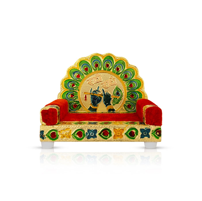 Velvet Sinhasan - 4.5 X 5 X 4.5 Inches | Meenakari Design Simhasanam/ Wooden Singhasan For Deity & Pooja Room - Pooja Aasan & Bajot & Pooja Mat