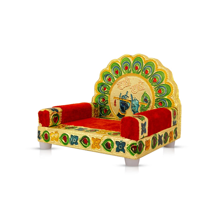 Velvet Sinhasan - 4.5 X 5 X 4.5 Inches | Meenakari Design Simhasanam/ Wooden Singhasan For Deity & Pooja Room - Pooja Aasan & Bajot & Pooja Mat