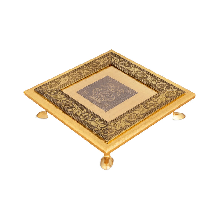 Wooden Chowki With Metal Leg - 1.75 X 8 X 8 Inches | Kalash & Flower Design Patla/ Gold Polish Bajot For Pooja - Pooja Aasan & Bajot & Pooja Mat