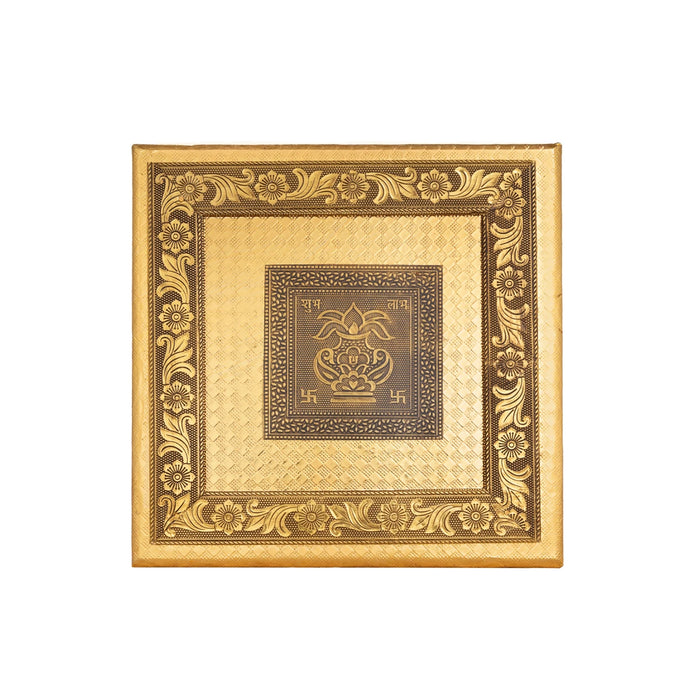 Wooden Chowki With Metal Leg- 1.75 X 10 X 10 Inches | Kalash & Flower Design Patla/ Gold Polish Bajot For Pooja - Pooja Aasan & Bajot & Pooja Mat