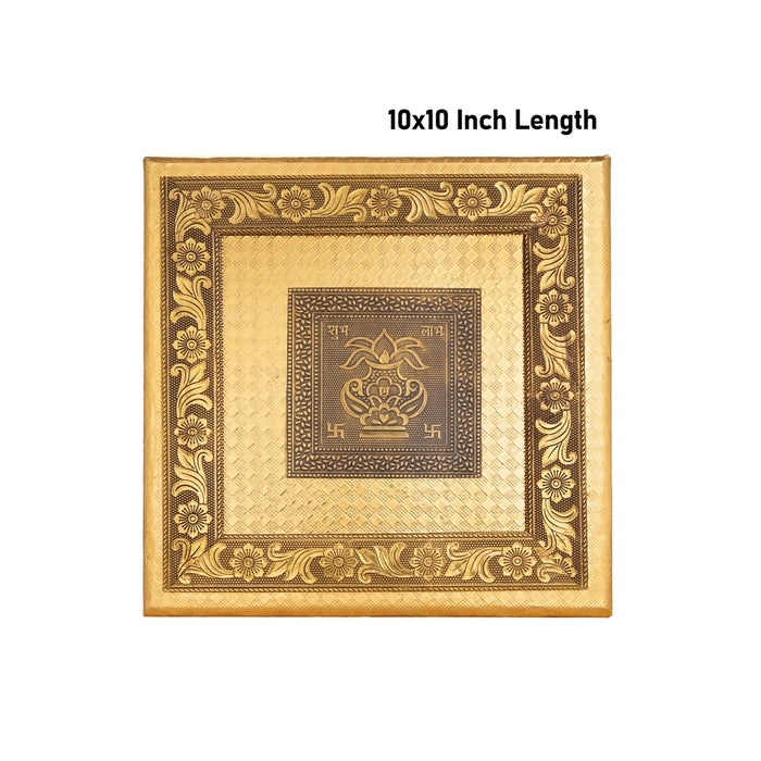 Wooden Chowki With Metal Leg- 1.75 X 10 X 10 Inches | Kalash & Flower Design Patla/ Gold Polish Bajot For Pooja - Pooja Aasan & Bajot & Pooja Mat