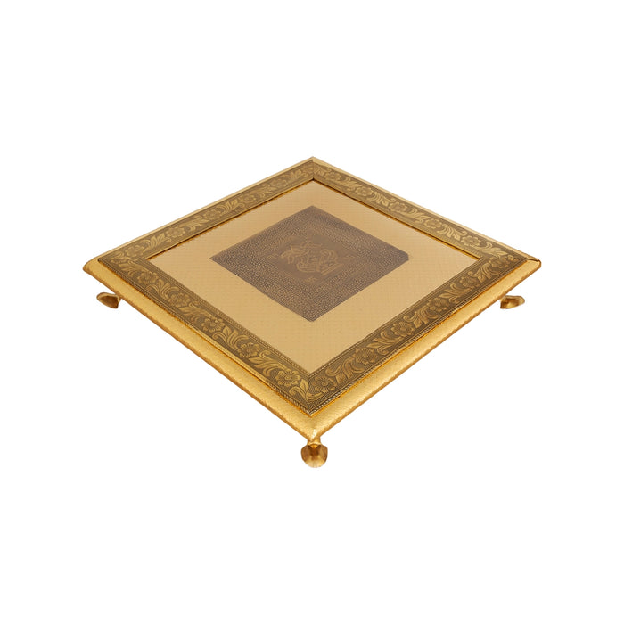 Wooden Chowki With Metal Leg- 1.75 X 12 X 12 Inches | Kalash & Flower Design Patla/ Gold Polish Bajot For Pooja - Pooja Aasan & Bajot & Pooja Mat