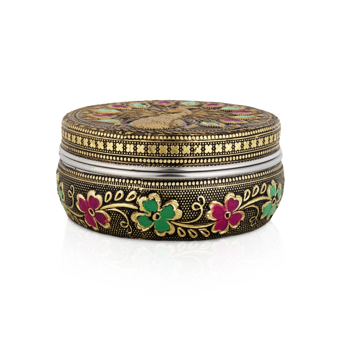 Pooja Box - 4 x 5 Inches | Meenakari Design Storage Box / Stainless Steel Container for Pooja