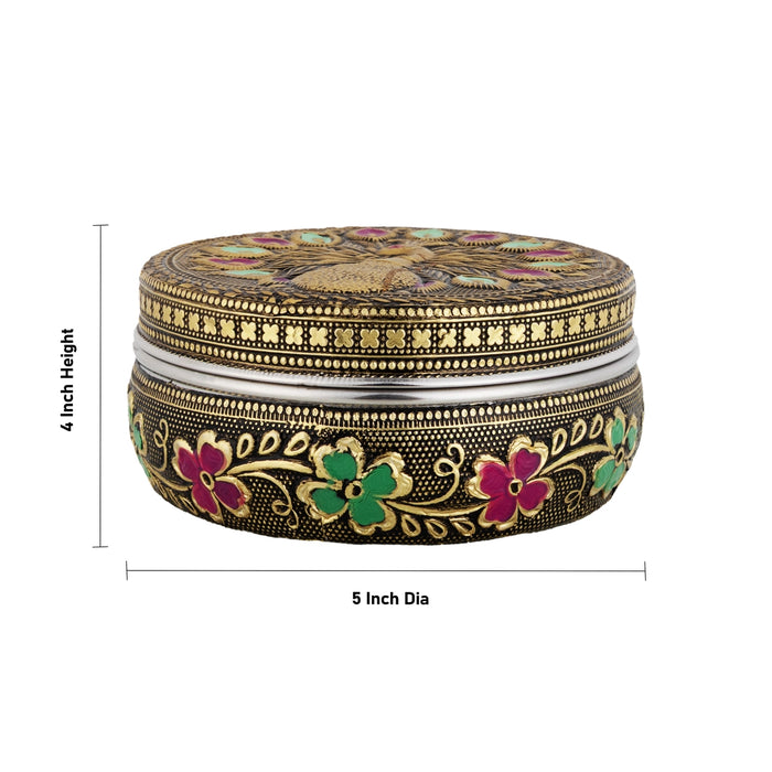Pooja Box - 4 x 5 Inches | Meenakari Design Storage Box / Stainless Steel Container for Pooja