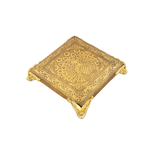 Chowki With Base - 1 X 6 X 6 Inches | Gold Polish Bajot/ Peacock Design Patla/ Manai Palagai For Pooja - Pooja Aasan & Bajot & Pooja Mat