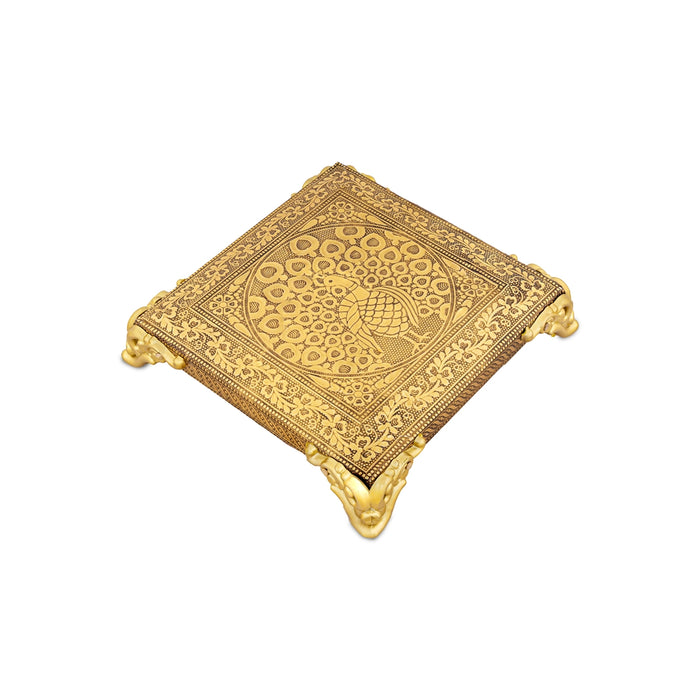 Chowki With Base - 1 X 6 X 6 Inches | Gold Polish Bajot/ Peacock Design Patla/ Manai Palagai For Pooja - Pooja Aasan & Bajot & Pooja Mat