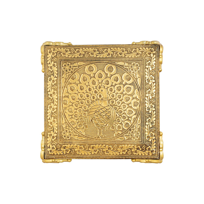 Chowki With Base - 1 X 6 X 6 Inches | Gold Polish Bajot/ Peacock Design Patla/ Manai Palagai For Pooja - Pooja Aasan & Bajot & Pooja Mat