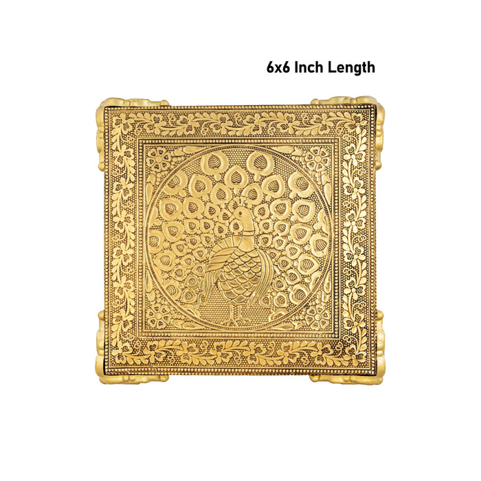 Chowki With Base - 1 X 6 X 6 Inches | Gold Polish Bajot/ Peacock Design Patla/ Manai Palagai For Pooja - Pooja Aasan & Bajot & Pooja Mat
