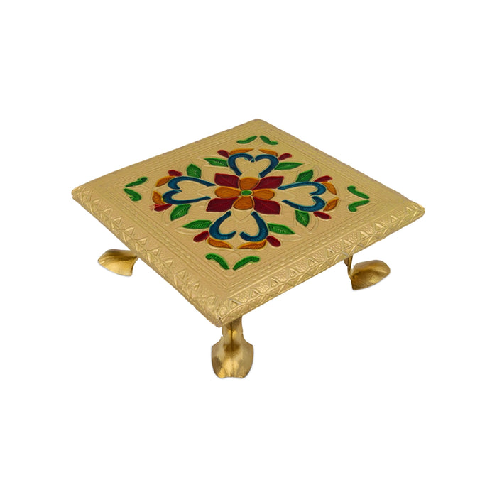 Chowki With Base - 2 x 5 Inches| Manai Palagai/ Gold Polish Bajot/ Flower Design Patla For Deity