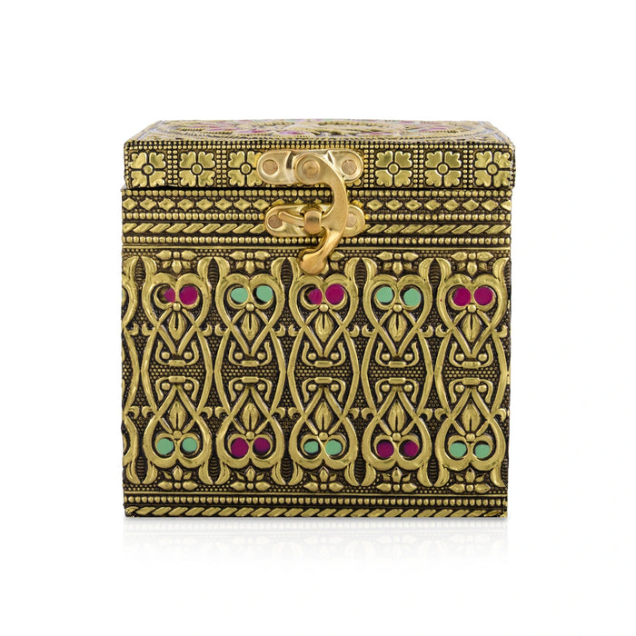 Pet Jar - 4 x 4 Inches | Golden Meenakari Peacock Design Storage Box/ Dry Fruit Box/ Gift Box for Festive Occasions/ Assorted