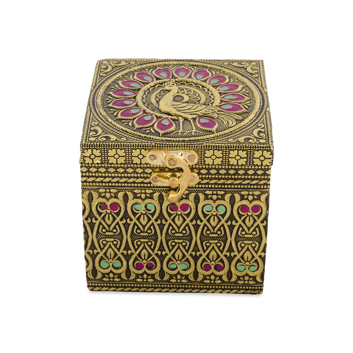 Pet Jar - 4 x 4 Inches | Golden Meenakari Peacock Design Storage Box/ Dry Fruit Box/ Gift Box for Festive Occasions/ Assorted