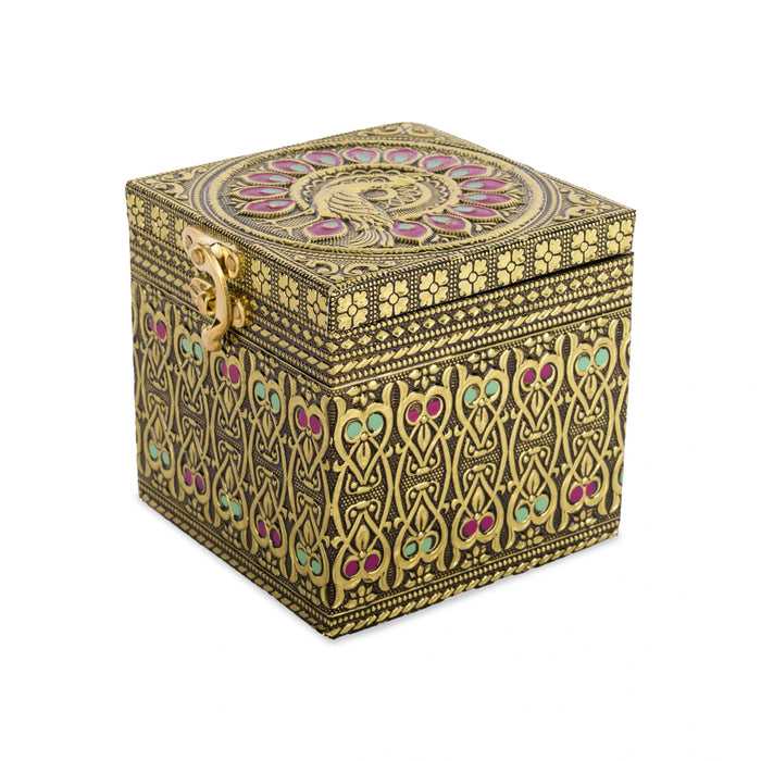 Pet Jar - 4 x 4 Inches | Golden Meenakari Peacock Design Storage Box/ Dry Fruit Box/ Gift Box for Festive Occasions/ Assorted