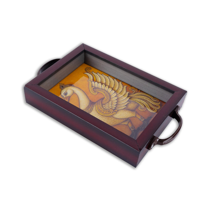 Tanjore Glass Painting Wooden Tray - 1.5 X 6 X 6 Inches | Serving Tray/ Peacock Design Kitchen Tray For Home - Pooja Plate & Tray