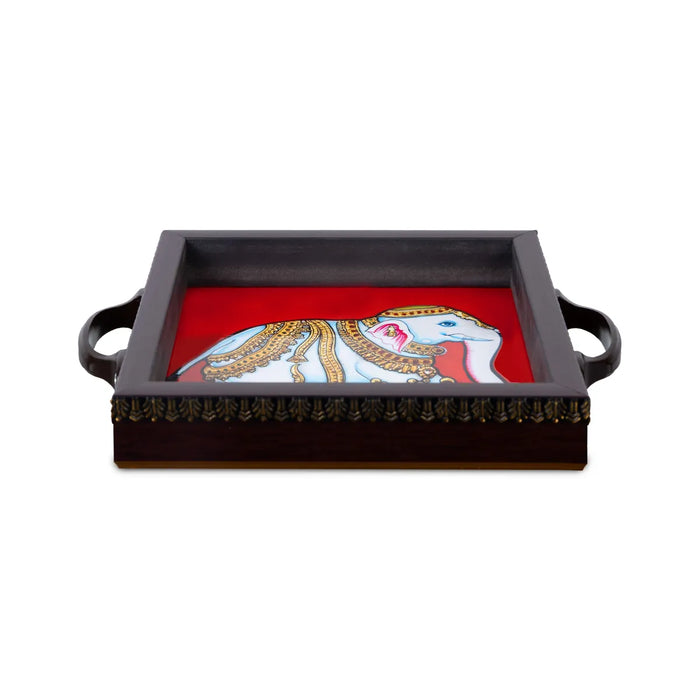 Tanjore Glass Painting Wooden Tray – 1.5 X 6 Inches | Elephant Design / Wooden Serving Tray For Home