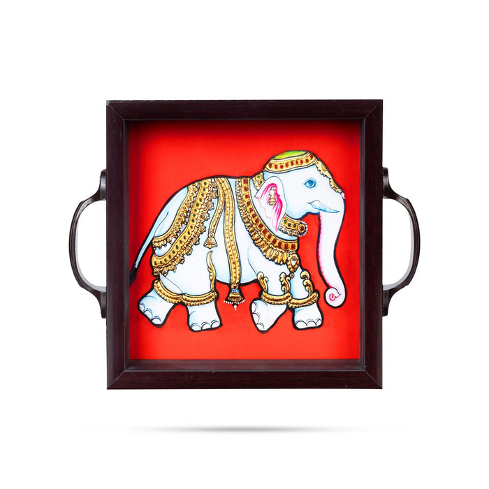 Tanjore Glass Painting Wooden Tray – 1.5 X 6 Inches | Elephant Design / Wooden Serving Tray For Home