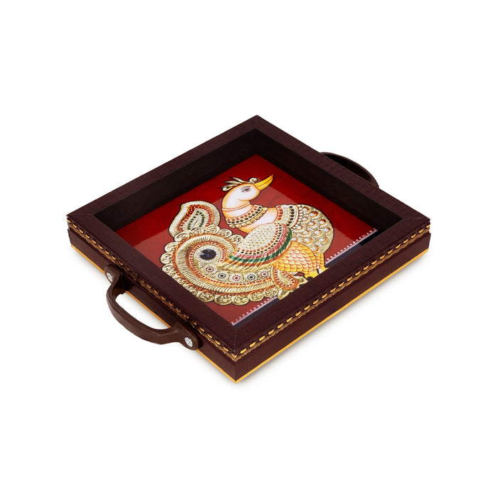 Tanjore Painting Wooden Tray - 6 x 6 Inches | Pooja Tray / Swan Design Pooja Tray For Home
